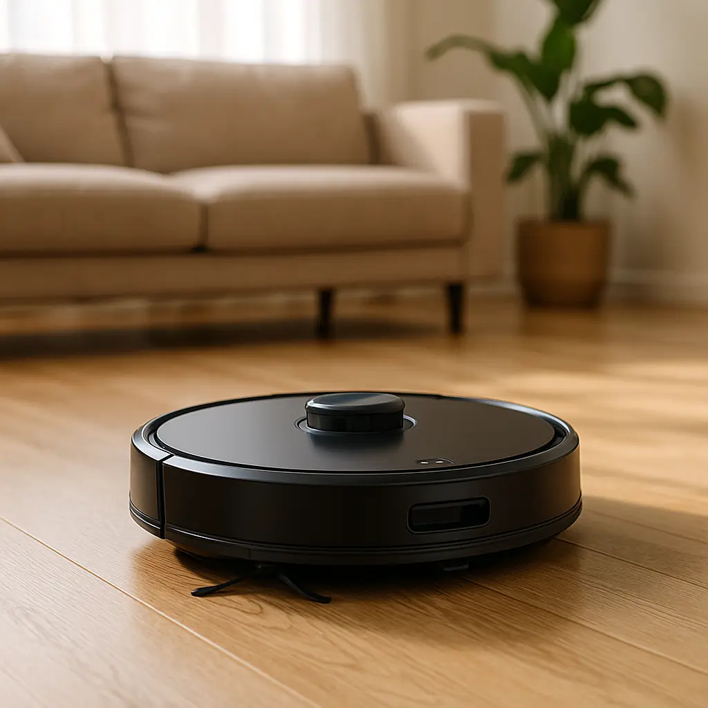 Aspirateur robot en fonctionnement sur un parquet dans un salon