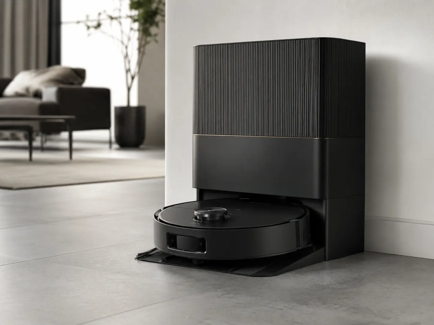 Aspirateur robot rentrant dans sa station de charge tout-en-un