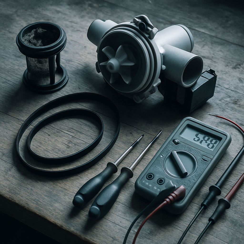 Diagnostic d'une panne électroménager — établi d'atelier avec pièces détachées de lave-linge