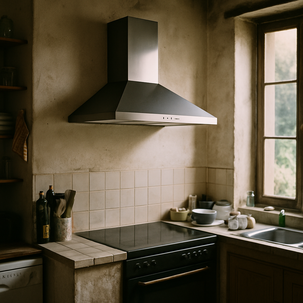 Elica Shire IX/A/60 installée au-dessus d'une cuisinière en situation d'usage