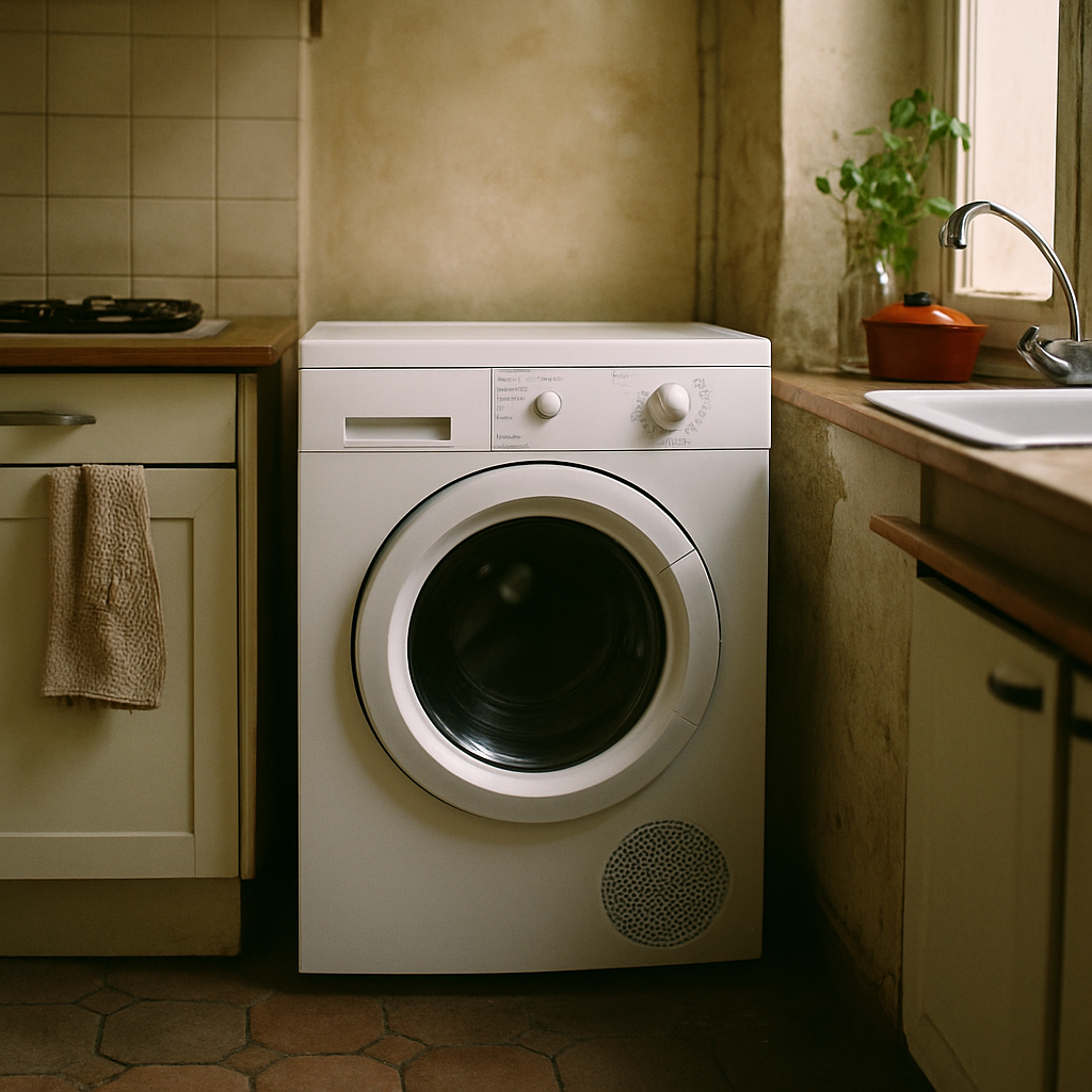 Samsung DV80TA020TE installé en colonne sur lave-linge dans une buanderie moderne