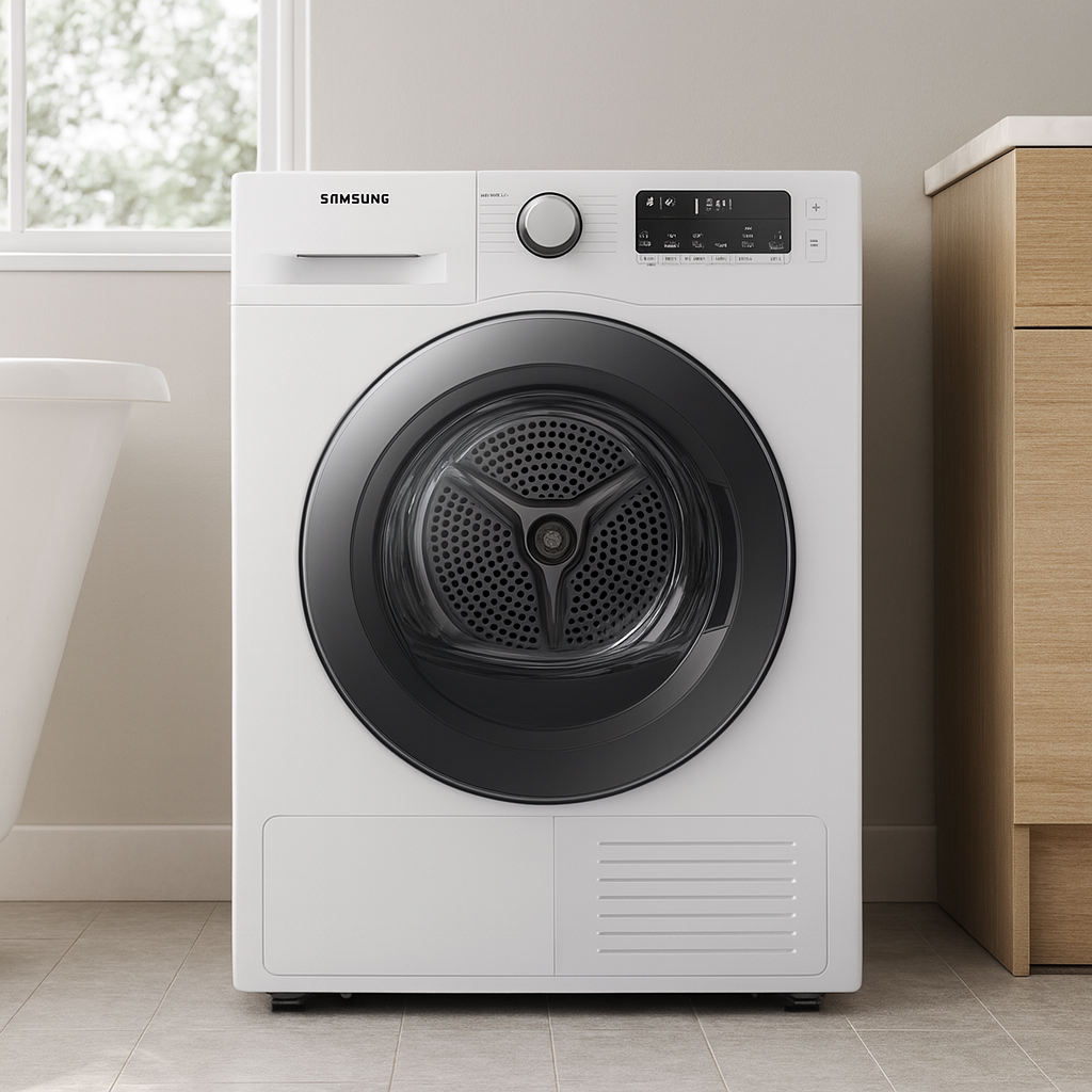 Samsung DV80TA020TE sèche-linge blanc vue de face avec panneau de commande tactile
