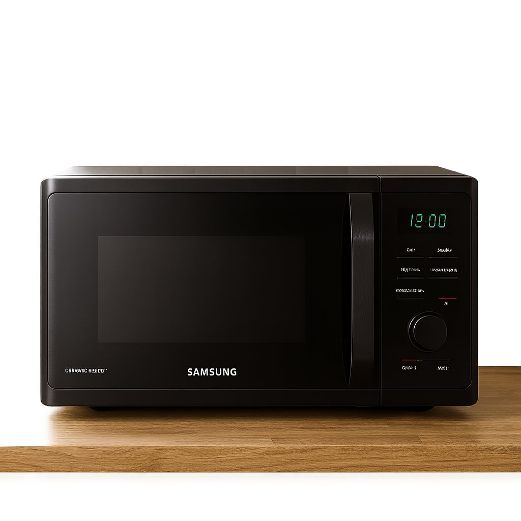 Micro-ondes Samsung MG23K3515AK vue de face avec design acier inoxydable brossé