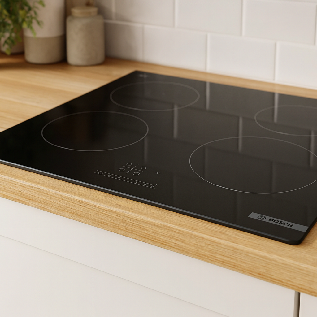 Plaque de cuisson Bosch Serie 4 PUE611BB5E avec surface vitrocéramique noire et boutons tactiles