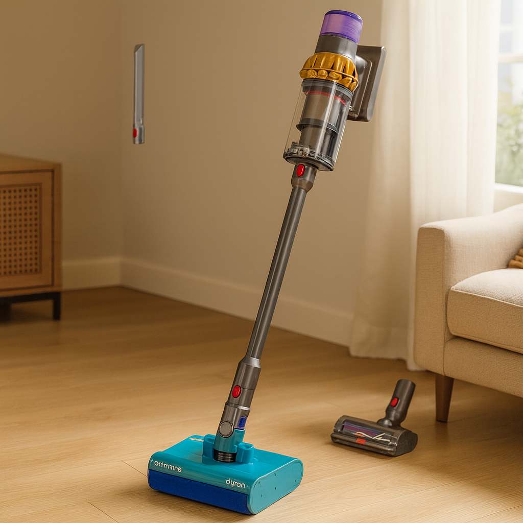Dyson V15 Detect Submarine en situation d'utilisation sur moquette avec affichage laser