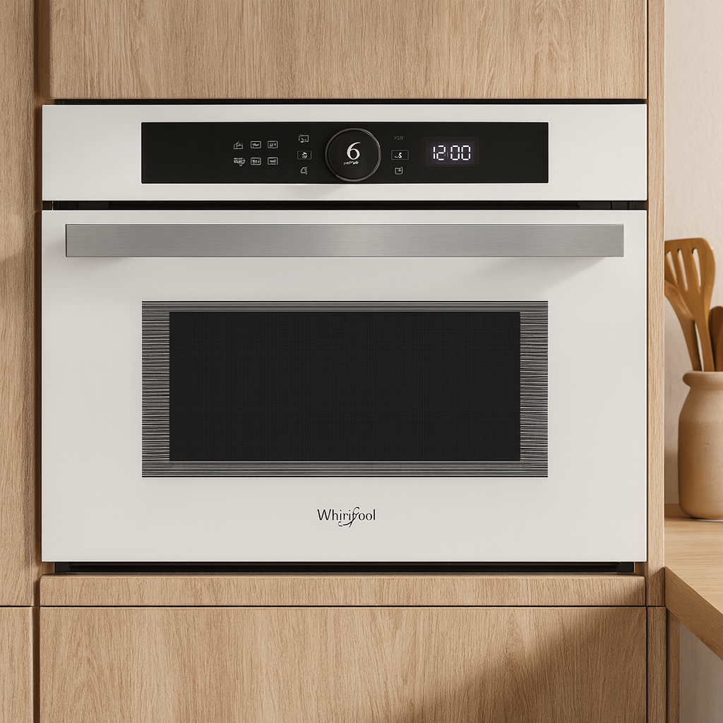 Whirlpool WMD44MWF vue de face, micro-ondes encastrable inox brossé avec hublot teinté et bandeau tactile LED