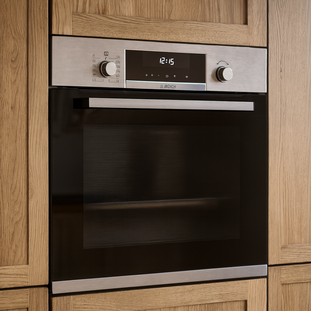 Bosch Serie 6 HBG578ES7 vue de face, four encastrable inox brossé avec hublot triple vitrage et molettes de commande