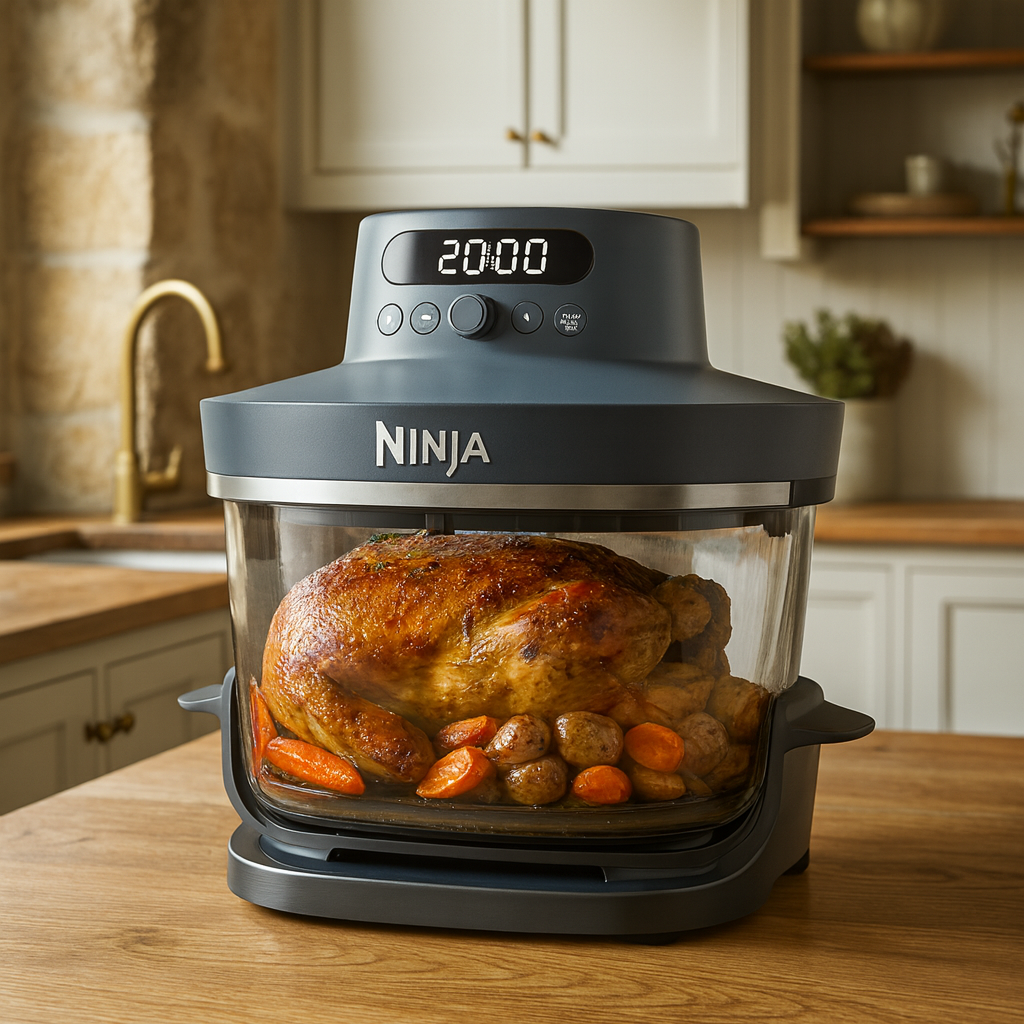 Ninja CRISPi Pro AS101EUCY vue de face, inox brossé et plastique noir, écran tactile LED centralisé