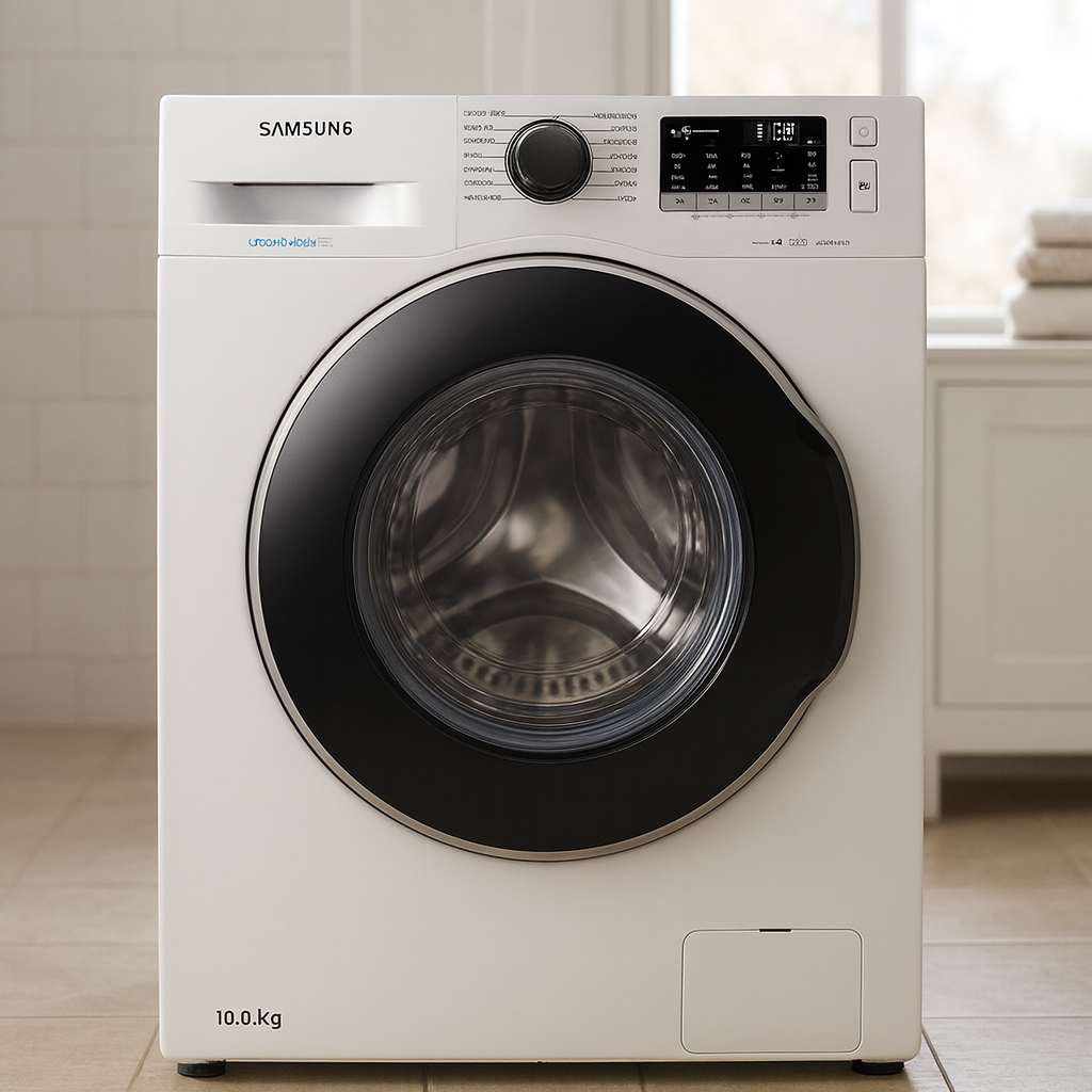 Samsung AI Ecobubble WW10FG6U34LK vue de face, hublot bombé 360°, bandeau tactile OLED gris foncé, finition blanche mate